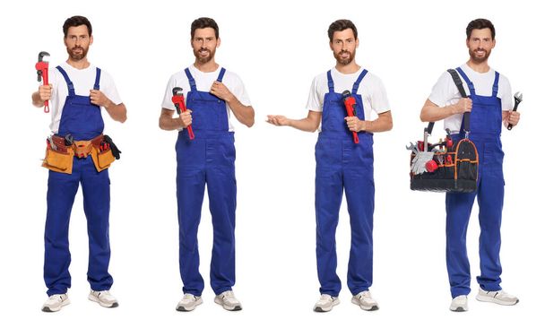 Collage with photos of professional plumber on white background - Photo, Image
