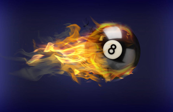 Billiard ball with number 8 in fire flying on blue background - Foto, Bild
