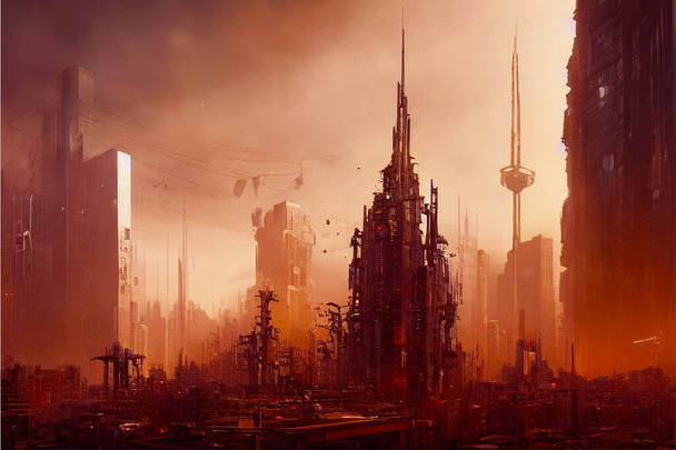 Cyfrowy obraz przyszłych miast i koniec świata w społeczeństwie ludzkim - Wektor, obraz