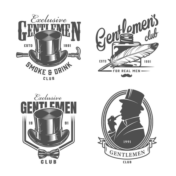 Vintage monochrome gentleman logos with elegant top hat cane feather pen inkwell bowtie british man smoking pipe isolated vector illustration - Vector, Image