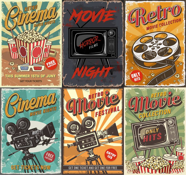 Cinema set of posters. Vector vintage illustration. - Vector, Image