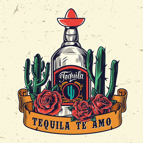 Ročník mexické barevné šablony s stuhou kolem tequila láhev kaktusy a růže izolované vektorové ilustrace - Vektor, obrázek