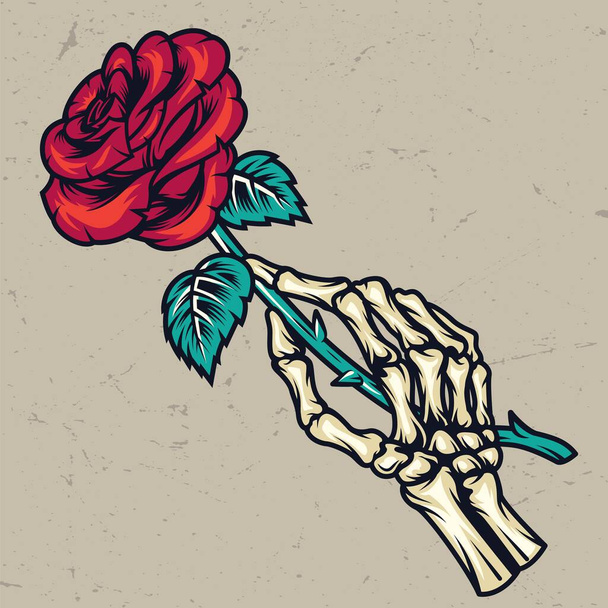 Colorful skeleton hand holding beautiful rose in vintage style isolated vector illustration - Vektor, obrázek