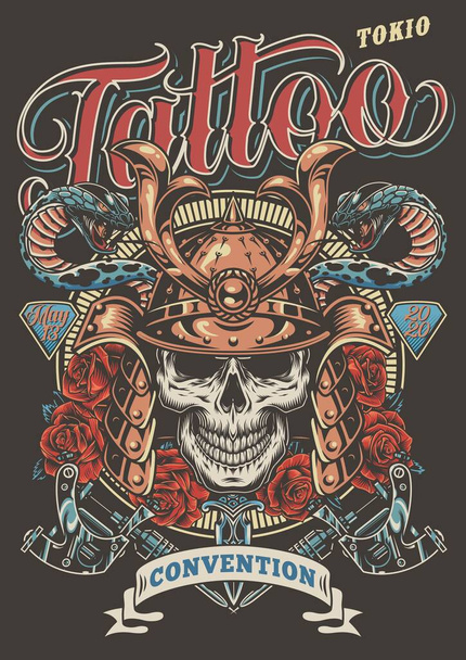 Colorful tattoo festival advertising poster with skull in samurai helmet poisonous snakes dagger roses and tattoo machines in vintage style vector illustration - Vector, Image