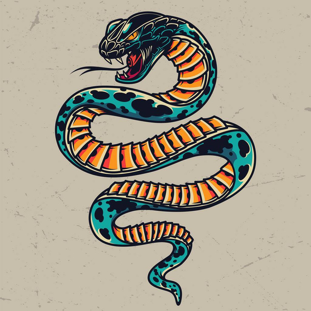 毒蛇のカラフルな入れ墨の概念ヴィンテージスタイルでグレーの背景孤立ベクトルイラスト - ベクター画像