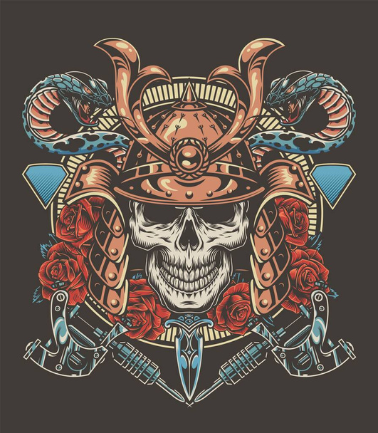 Colorful tattoo vintage concept with samurai warrior skull snakes dagger roses tattoo machines isolated vector illustration - Vector, Image