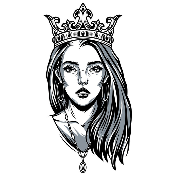 Vintage pretty girl in ornate crown with necklace and earrings isolated vector illustration - Vektor, obrázek