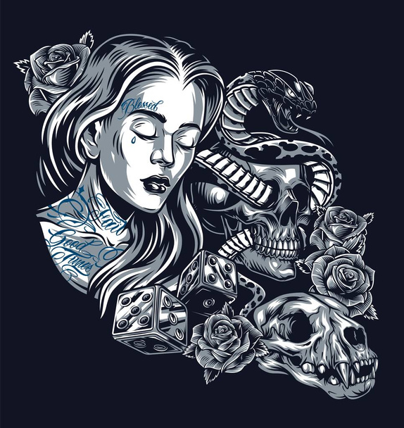 Vintage chicano estilo tatuaje concepto con chica bonita serpiente entrelazado con cráneo hermosas rosas dados y gato cráneo aislado vector ilustración - Vector, imagen