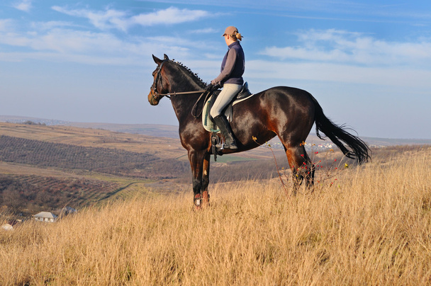 Молода жінка верхи на коні восени подала заявку
 - Фото, зображення