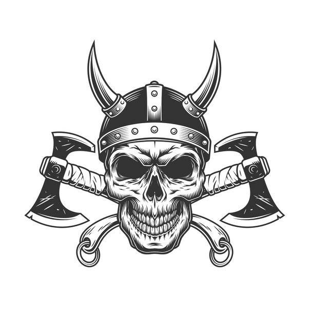 Crâne viking vintage en casque à cornes avec haches croisées en illustration vectorielle isolée de style monochrome - Vecteur, image