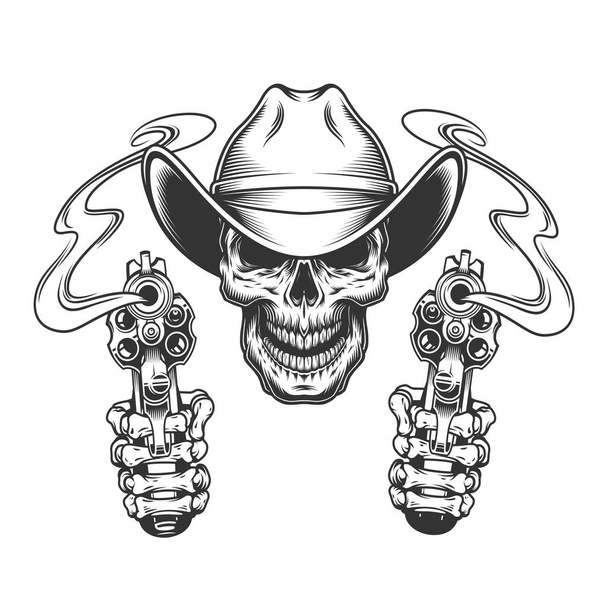 Vintage monochrome skull in cowboy hat and skeleton hands holding pistols isolated vector illustration - Vector, Image