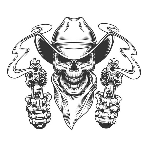 Vintage cowboy skull in neck scarf and skeleton hands holding guns isolated vector illustration - Вектор,изображение