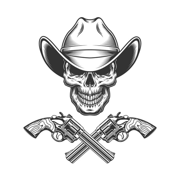 Vintage monochrome skull in cowboy hat with crossed guns isolated vector illustration - Wektor, obraz
