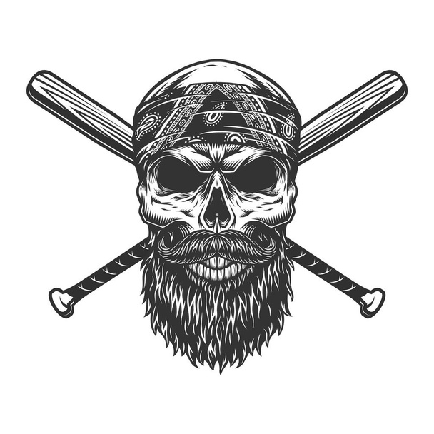 Cranio di bandito barbuto e baffuto vintage con mazze da baseball incrociate illustrazione vettoriale isolata - Vettoriali, immagini