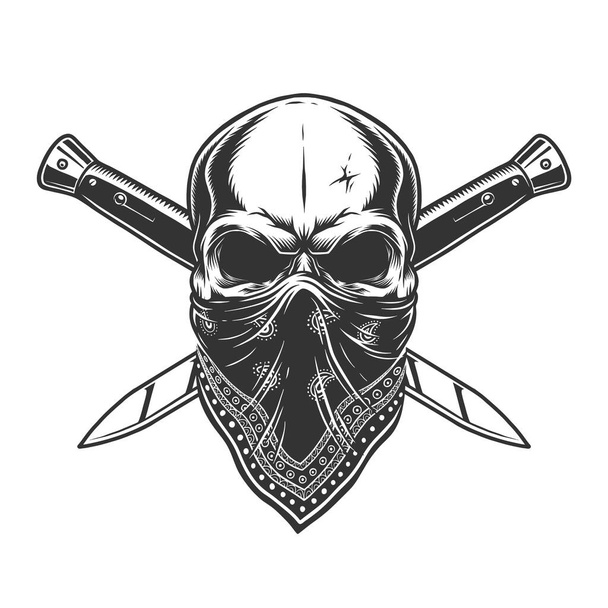 Бандитський череп з банданою на обличчі і схрещеними ножами в вінтажному монохромному стилі ізольовані Векторні ілюстрації
 - Вектор, зображення