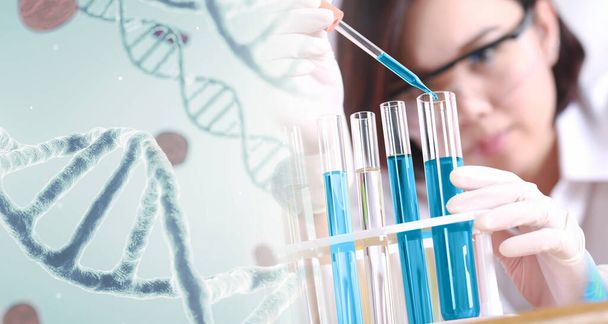 Tudós felszereléssel és tudományos kísérletekkel. Tudomány kutatás DNS védelmi háttér. - Fotó, kép