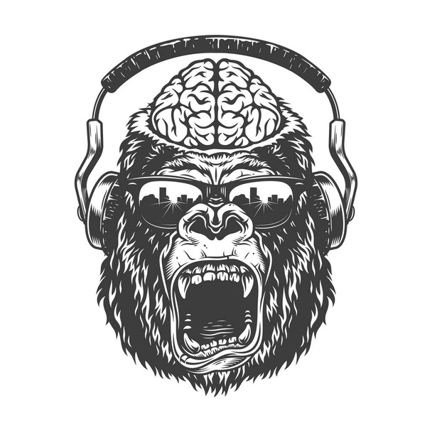 Vintage monochrome gorilla with headphones and brain. Vector illustration - Vector, Image