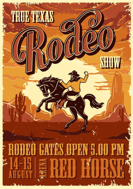 Manifesto pubblicitario rodeo vintage con iscrizioni e cowboy a cavallo sul deserto paesaggio vettoriale illustrazione - Vettoriali, immagini