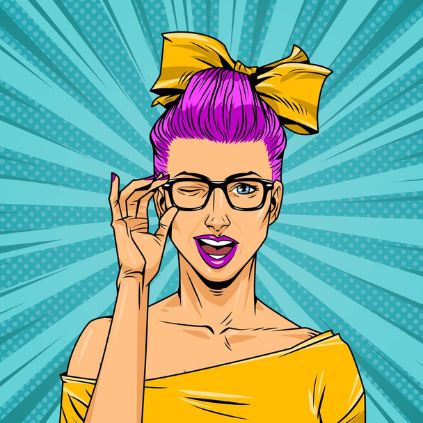 Comic attractive winking girl holding eyeglasses with bow and purple hair in yellow dress on radial turquoise background vector illustration - Vector, Image