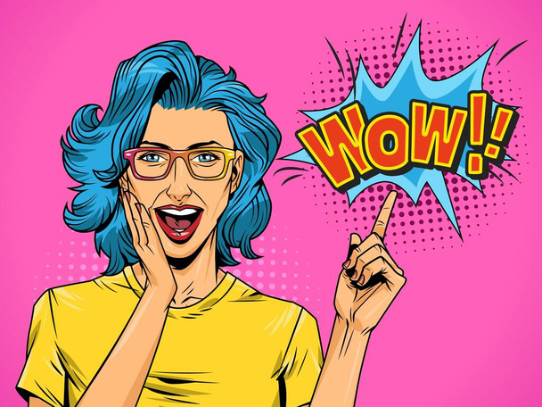 Pop art belle femme surprise avec des cheveux bleus pointant vers la bulle de la parole avec Wow illustration vectorielle de formulation comique - Vecteur, image