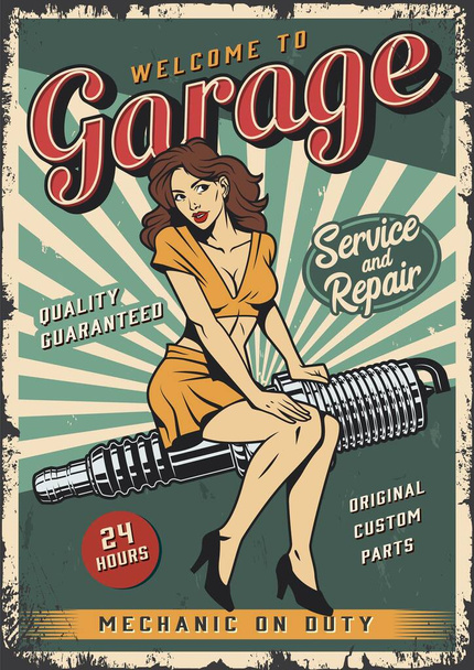 Motor buji vektör illüstrasyonunun üzerinde broşürlü kız resmi olan klasik garaj onarım servisi renkli posteri - Vektör, Görsel