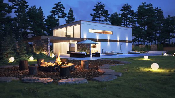 3D καθιστούν σύγχρονη αρχιτεκτονική κτιρίου σπίτι στο δάσος εξωτερική σκηνή - Φωτογραφία, εικόνα
