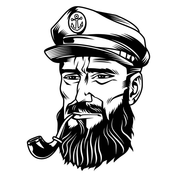 Vintage monochrome bearded sailor smoking pipe isolated vector illustration - Vector, Image