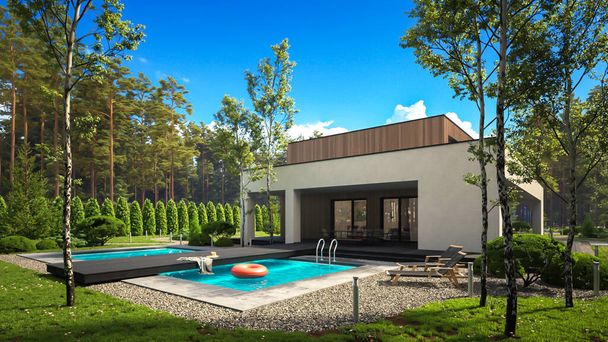 3Dレンダリング森の外観シーンで現代的な建築家の家 - 写真・画像