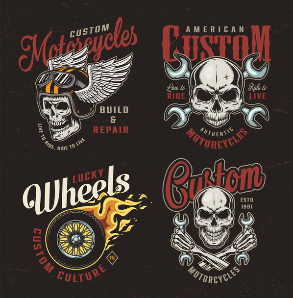 Vintage motorfiets kleurrijke emblemen met motorrijder schedels gekruiste sleutels vurige motorfiets wiel gevleugelde moto helm geïsoleerde vector illustratie - Vector, afbeelding