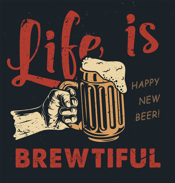 Винтажное пиво красочная концепция с надписями и мужской руки кружка пива изолированные векторные иллюстрации - Вектор,изображение