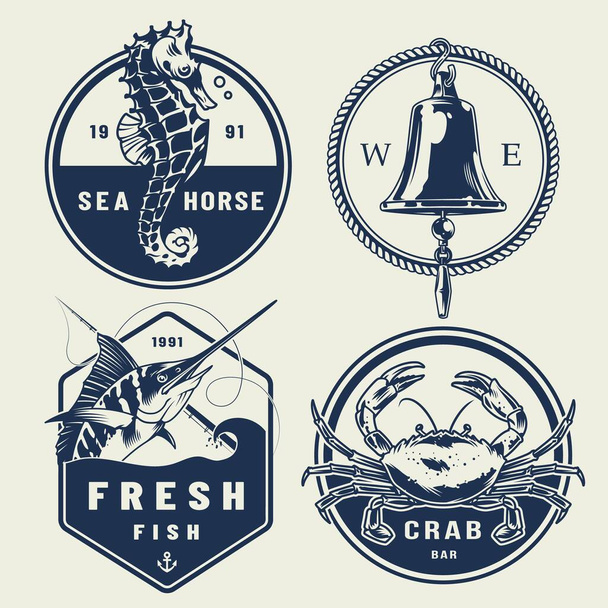 Vintage nautical labels collection with inscriptions seahorse ship bell swordfish crab isolated vector illustration - Vector, Image