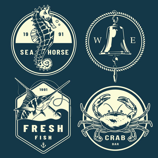 Vintage monochrome marine emblems set with seahorse ship bell rope marlin crab isolated vector illustration - Vector, Image