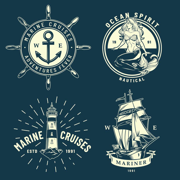 Emblèmes maritimes et maritimes vintage sertis d'un phare de sirène de roue de navire ancre sur fond bleu illustration vectorielle isolée - Vecteur, image
