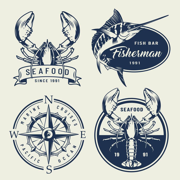 Vintage sea emblems collection with lobsters swordfish compass in monochrome style isolated vector illustration - Διάνυσμα, εικόνα