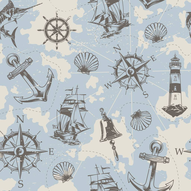 Vintage ναυτικά στοιχεία αδιάλειπτη μοτίβο με ξιφία πλοίο καμπάνα τροχό άγκυρα φάρος κοχύλι πλοήγηση πυξίδα διάνυσμα εικονογράφηση - Διάνυσμα, εικόνα