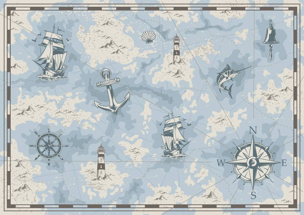 Vintage nautische oude kaart concept met schip bel vuurtoren zwaardvis anker wiel navigatie kompas schelp eilanden vector illustratie - Vector, afbeelding