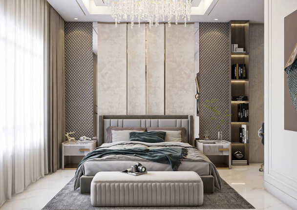 3d render luxury neoclassical master bedroom interior scene - Photo, Image