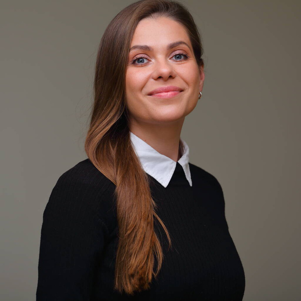 Happy student woman in black suit with white collar, isolated female portrait. - Φωτογραφία, εικόνα