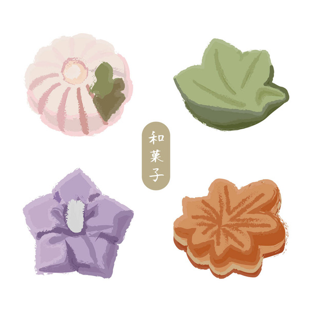 Színes japán édességek krizantém, juhar, íriszek és levelek formájában, japán "japán édességek" fordítása" - Vektor, kép