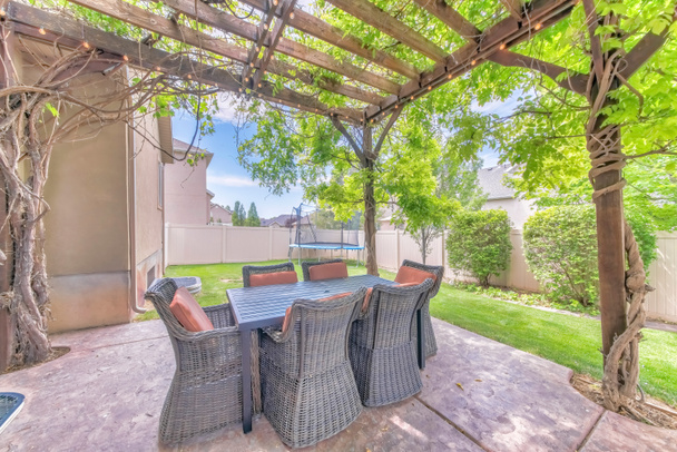 Beautiful backyard patio of a home with table and chairs under a wooden pergola. Outdoor furniture for dining and eating under a trellis with vibrant foliage and string lights. - Photo, Image