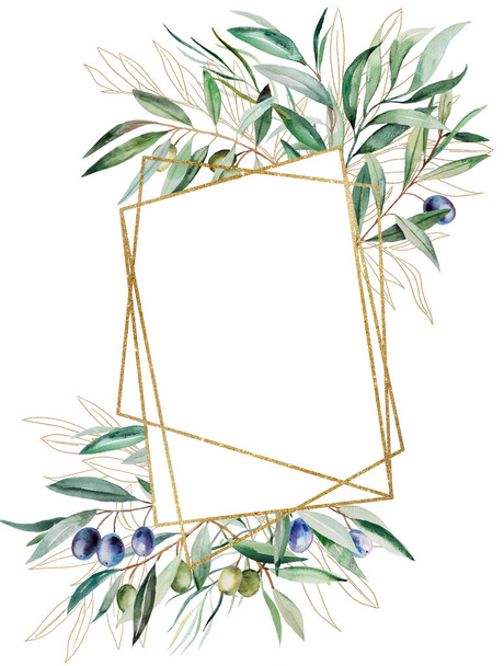 Golden geometric frame made of watercolor olive twigs with leaves and fruits, isolated illustration, copy space. Botanical element for mediterranean wedding stationery and greetings cards - Photo, image