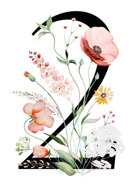 Schwarze Zahl 2 mit aquarellfarbenen Wildblumen und Blättern Strauß isoliert. Sommer Blumenzahl sieben, Alphabet Element für Hochzeits- und Grußdesign, Tischnummern - Foto, Bild