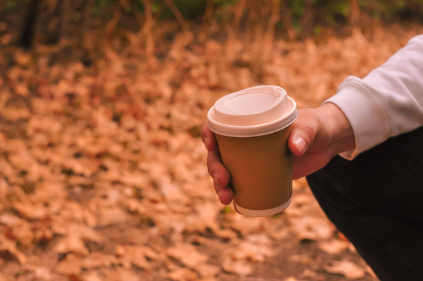 Paper glass of coffee in hand on the orange autumn leaves background . High quality photo - 写真・画像