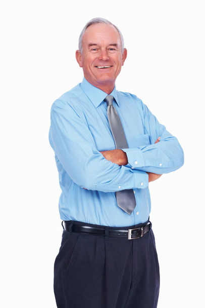 Mature business man smiling with hands folded. Portrait of handsome mature business man smiling over white background with hands folded - Photo, Image