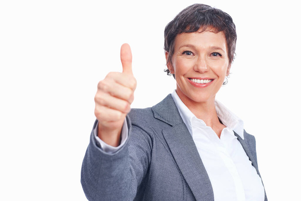 Lykkyä. Muotokuva onnellinen naisten Executive toivottaa onnea valkoisella taustalla - Valokuva, kuva