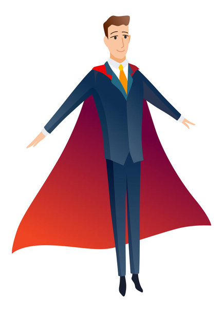 Businessman superhero character. Office worker or manager in costume and red fluttering cloak cape. Cartoon powerful man in spectacular action pose superhero. Vector isolated on white background. - ベクター画像