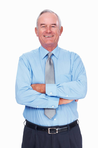 Successful mature business man smiling. Portrait of smart mature business man smiling over white background with hands folded - Fotoğraf, Görsel