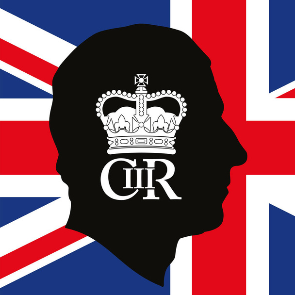 Charles III king of United Kingdom coronation 2022, portrait silhouette and monogram, vector illustration - Vector, Image