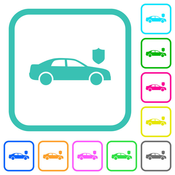 Seguridad del coche iconos planos de colores vivos sólidos en bordes curvos sobre fondo blanco - Vector, imagen
