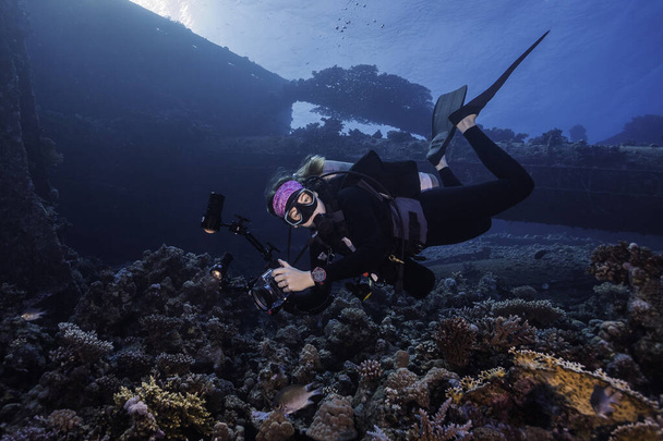 Een onderwaterfotograaf die naar de camera keek en foto 's maakte op het rif met een scheepswrak op de achtergrond. - Foto, afbeelding